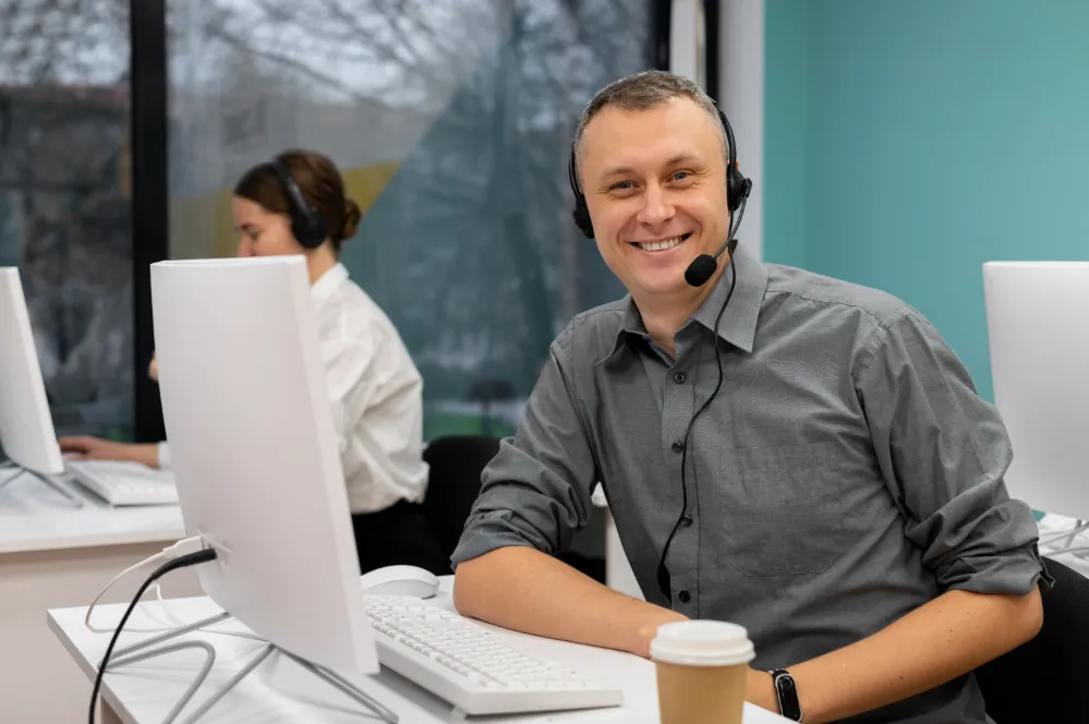 man-with-headphones-working-call-center-office Alliance + Aura = My Identity First. Online Safety. Simplified.